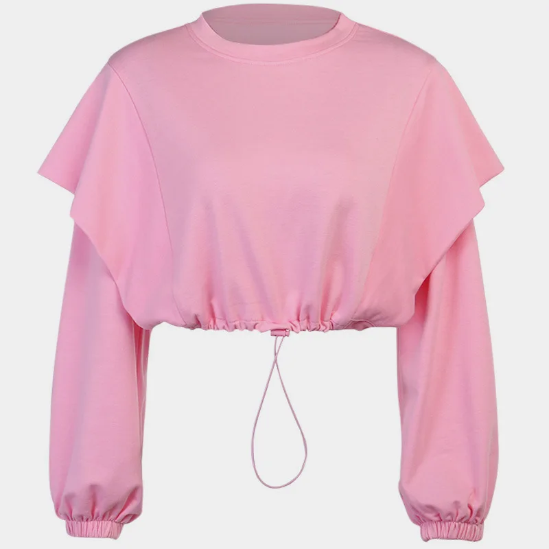 

Long Sleeve Drawstring Thin T Shirt Women's Spring Autumn Cropped Tops Street Fashion Pure Color T Shirts Female Pink White Top