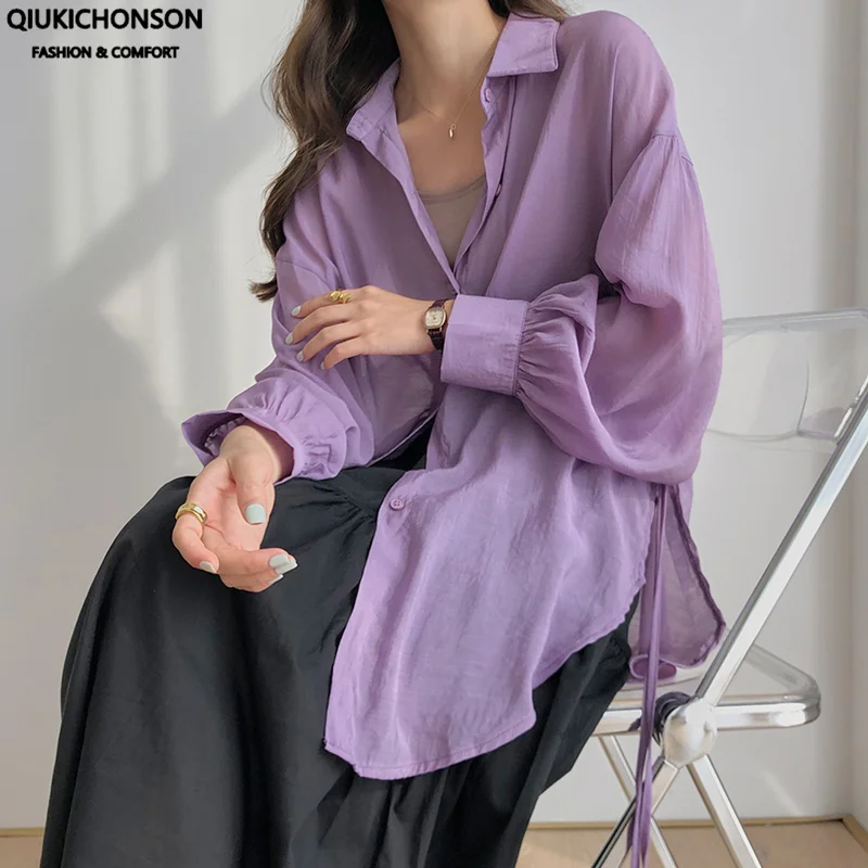 

Lantern Sleeve Korean Style Women Sunscreen Long Shirt Casual Breathable Jag Lacing Design Plus Size Summer Blouse femme