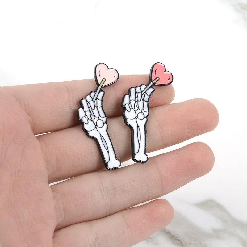 

Halloween Skeleton Hand Cute Heart Lollipop We Eat Sweet Heart Gothic Vampire Friends Enamel Pins Couple Lapel Brooches Gifts