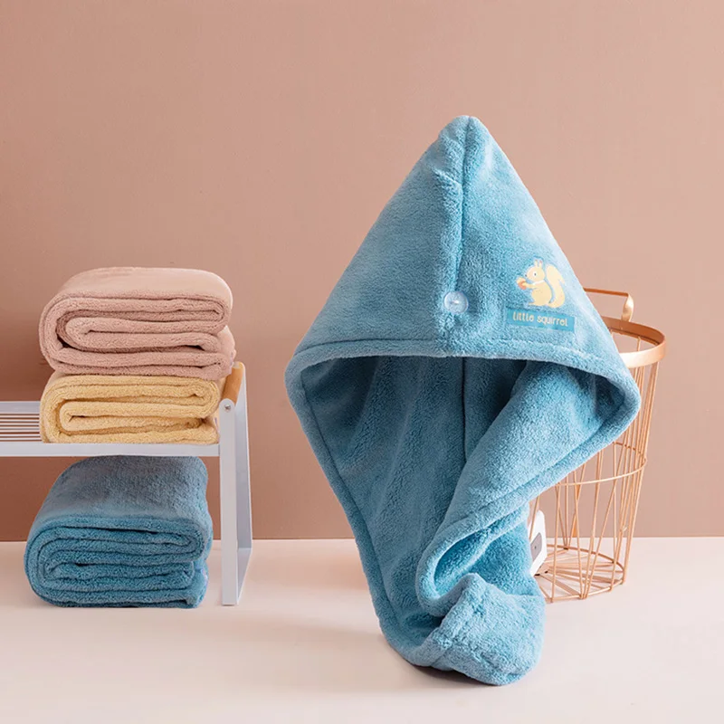 

Quick Dry Hair Turban Drying Cap Bathroom Accessory 1 Pc Thick Towel with Button for Woman