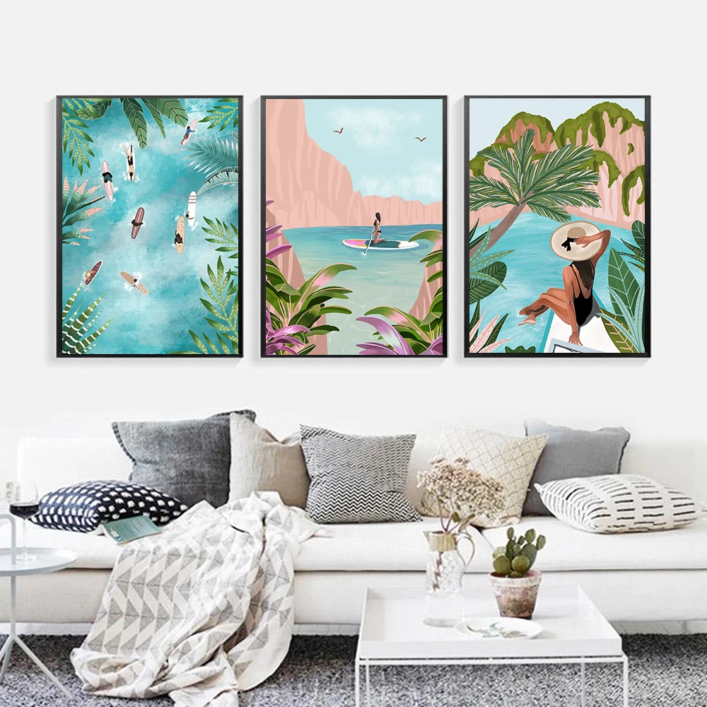 

Modern Swimming Surfers Summer Plant Vacation Illustration Canvas Painting Wall Art Poster Prints Picture Living Room Home Decor