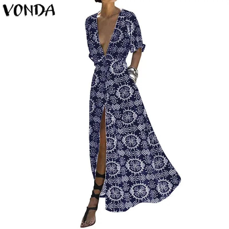 VONDA женское леопардовое платье Новое Осеннее сексуальное длинное вечернее платье с v-образным вырезом и высокой талией винтажное Повседневное платье размера плюс Vestidos - Цвет: Navy