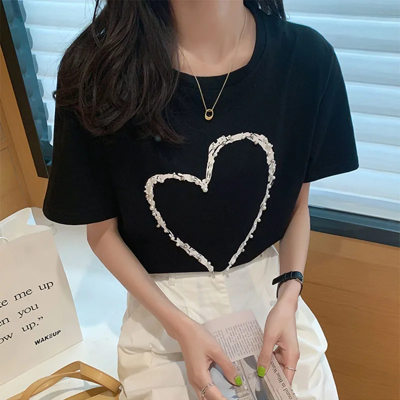 

Summer New T Shirt Women O Neck Loose Thin Cotton Casual Tops Female Patchwork Embroidered Flares Short Sleeve Tee T-Shirt Femme