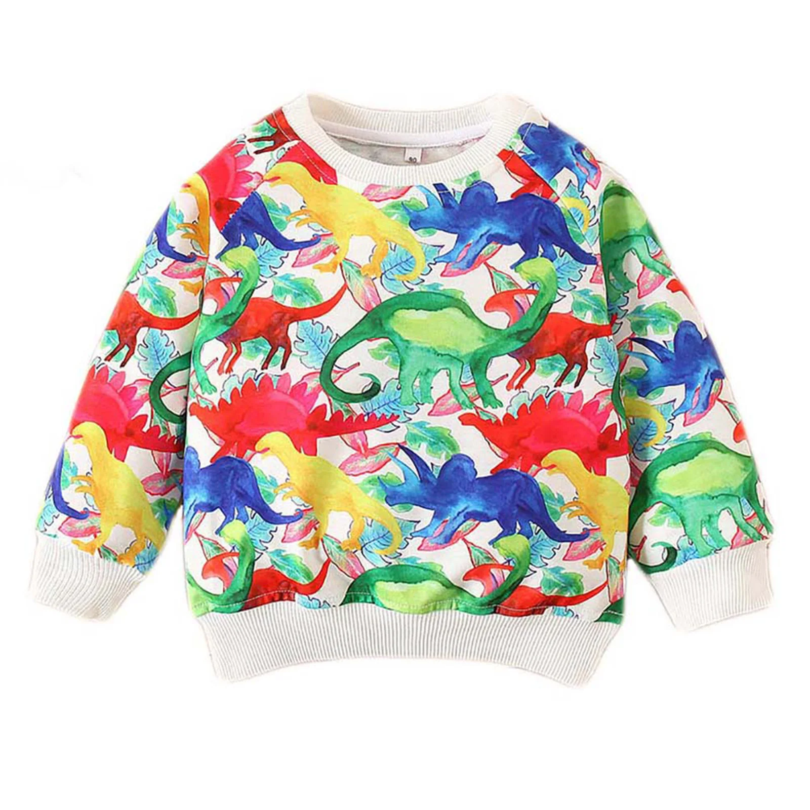 

Kids Casual Long Sleeve Top, White Round Collar Dinosaur Printed Pattern Pullover, 2-7 Years
