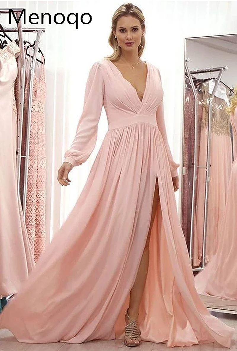 

Сексуальное шифоновое платье для выпускного вечера с глубоким v-образным вырезом и длинными рукавами, вечернее платье с Боковым Разрезом, в...