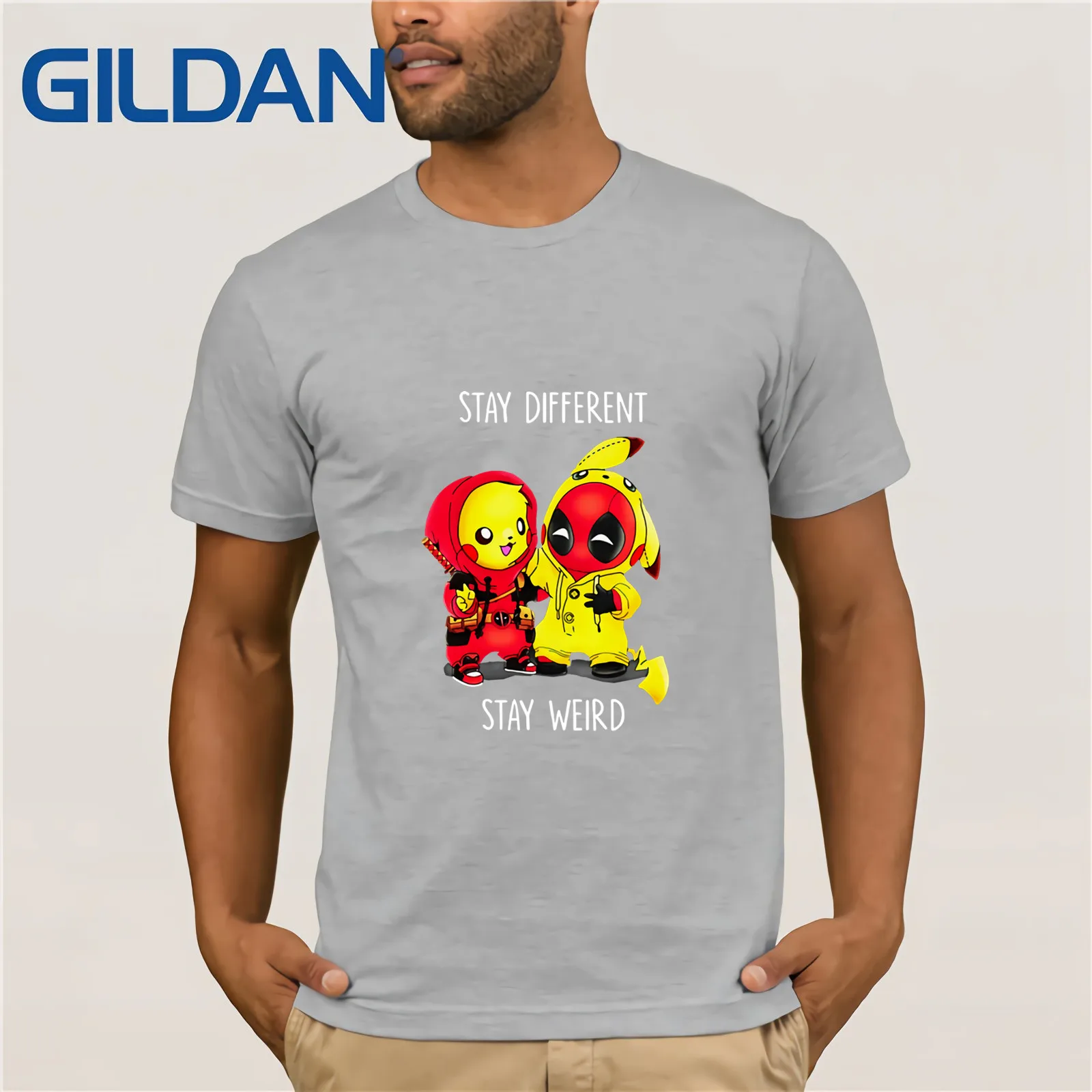 Pikachu Deadpool Stay Different Weird Shirt Summer Men's Short Sleeve T-Shirt Vintage Crew Neck Cotton Tee Present | Мужская одежда