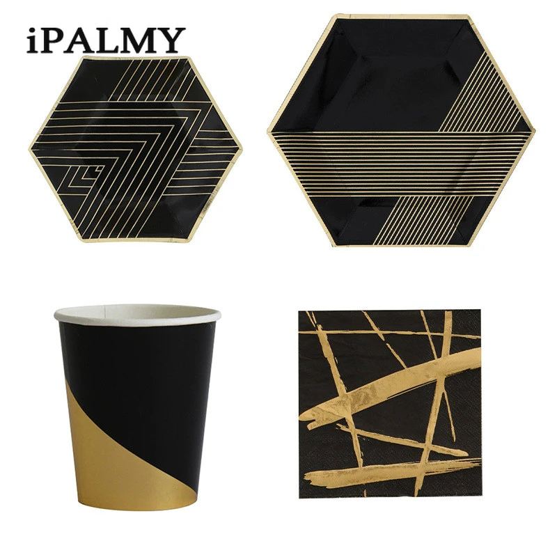 Ipalmay черные и золотые шестигранные бумажные тарелки одноразовые чашки