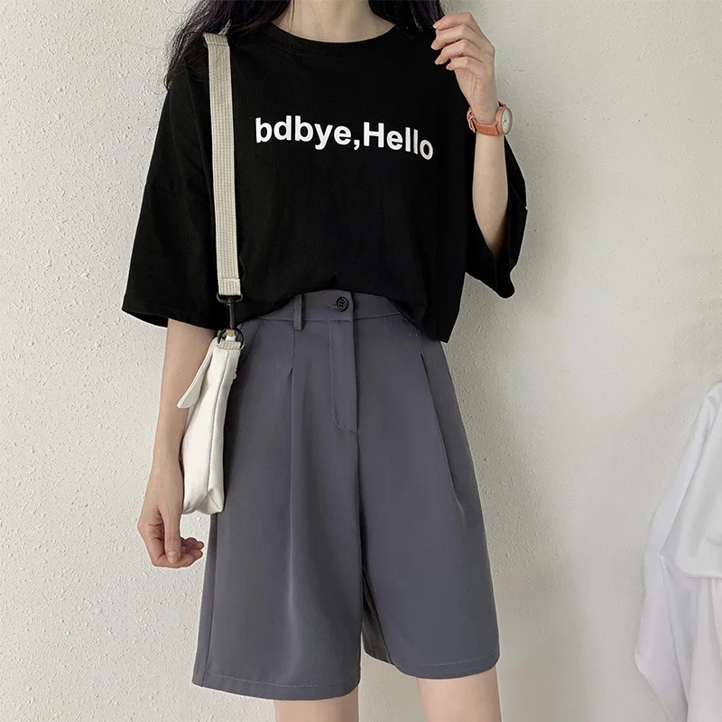 

Vintage Korean Wide Leg Gray Pants New High Elastic Waist Shorts Black Women Summer Formal Straight Plus Size Shorts