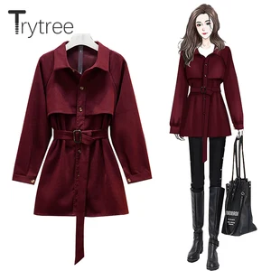 Trytree осень-зима на среднем устойчивом каблучке, Женская Тренч карманы пояс элегантный женский офисный жакет с широкой талией Длинная женская куртка-ветровка