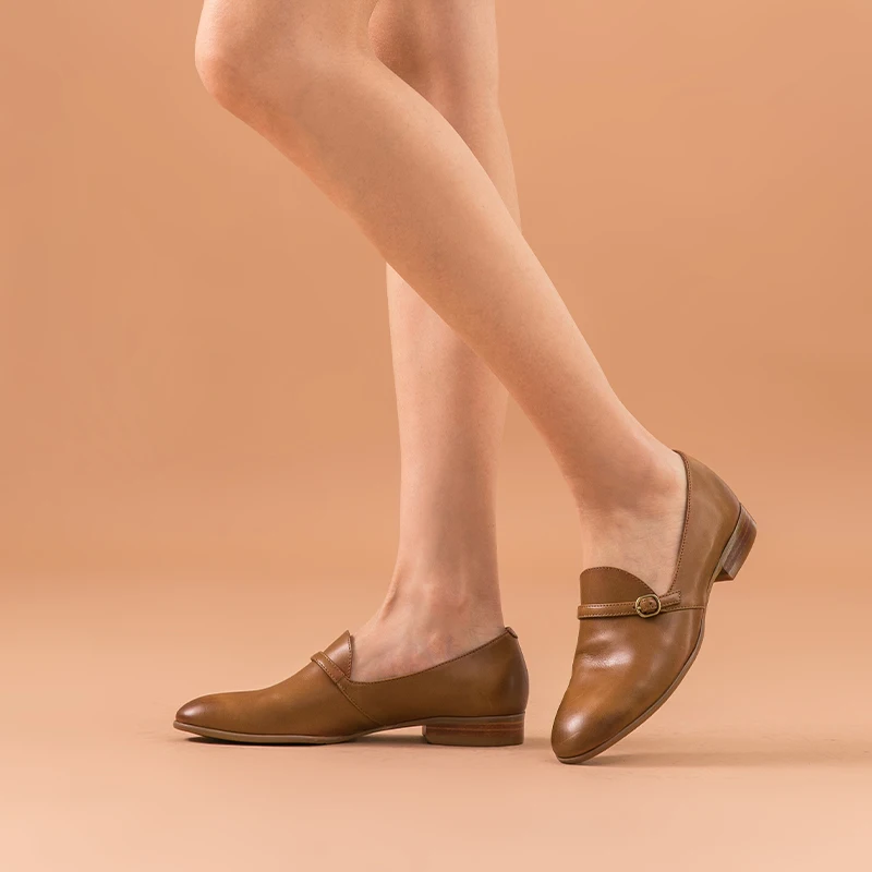 BeauToday Loafers Women Genuine Cow Leather Round Toe Buckle Ladies Slip-On Casual Flat Shoes Handmade 27159
