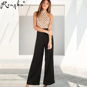 Reaqka Повседневное Комбинезоны для малышек Для женщин S комбинезон Для женщин летние золотистые Блёстки лоскутное boot cut полной длины Сексуальная рукавов Холтер боди