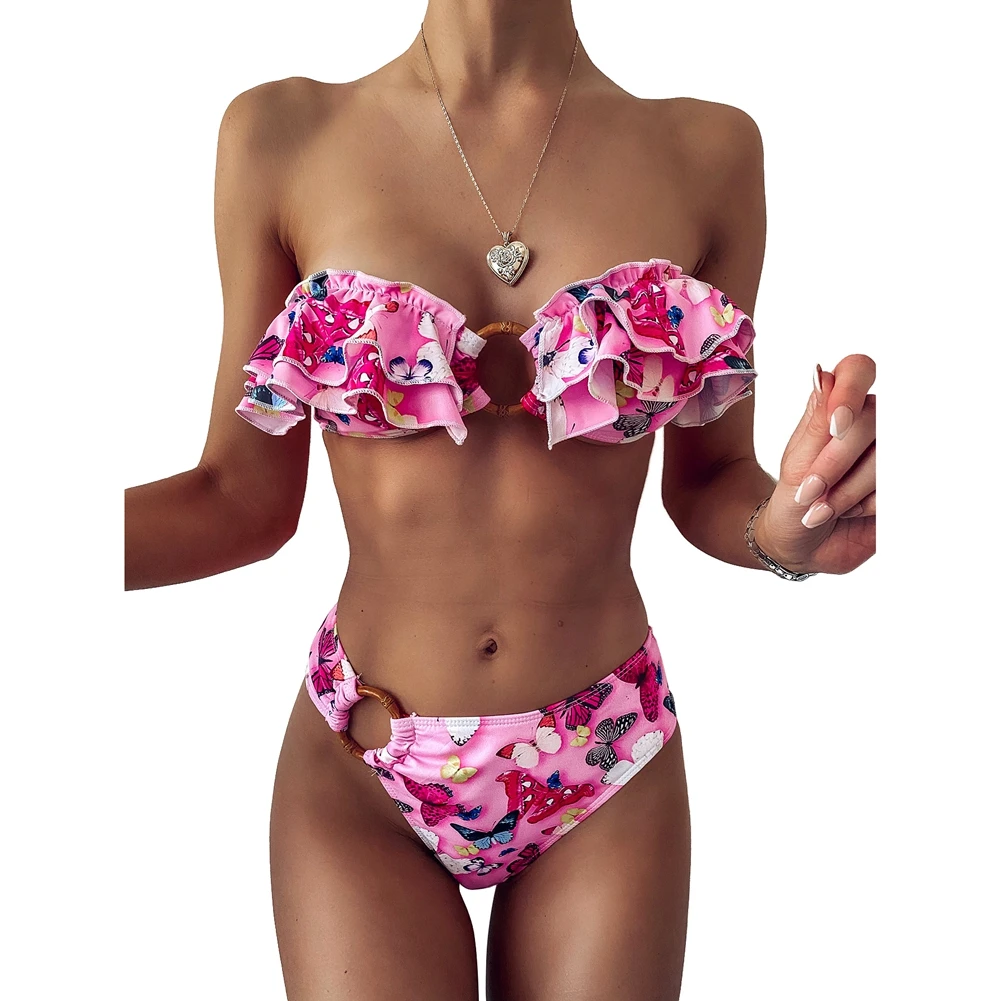 Женский купальник с принтом бабочки модель 2020 года топы открытыми плечами бикини