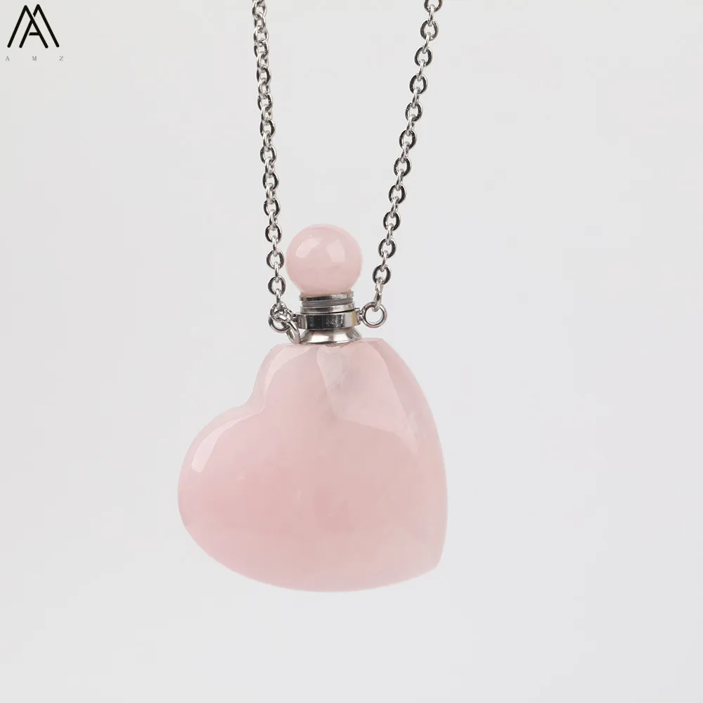 Естественная форма сердца розовая кварцевая подвеска в виде бутылочки парфюма