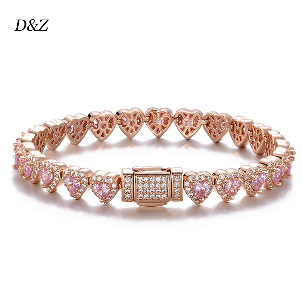 D & Z-pulsera de tenis en forma de corazón de 7mm para mujer, brazalete de oro rosa con piedras de circonia cúbica, joyería con estilo, regalo de cumpleaños