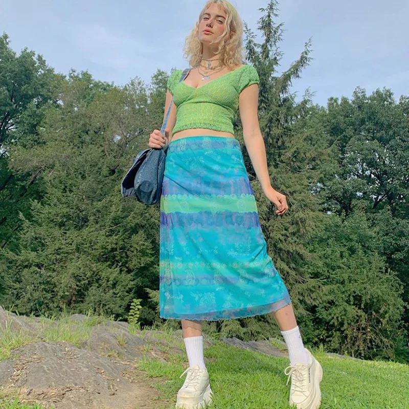 

Gradient Color Skirt Female 2021 Summer New Style Female Skirt Double-layer Mesh Over The Knee Printing A-line Skirt