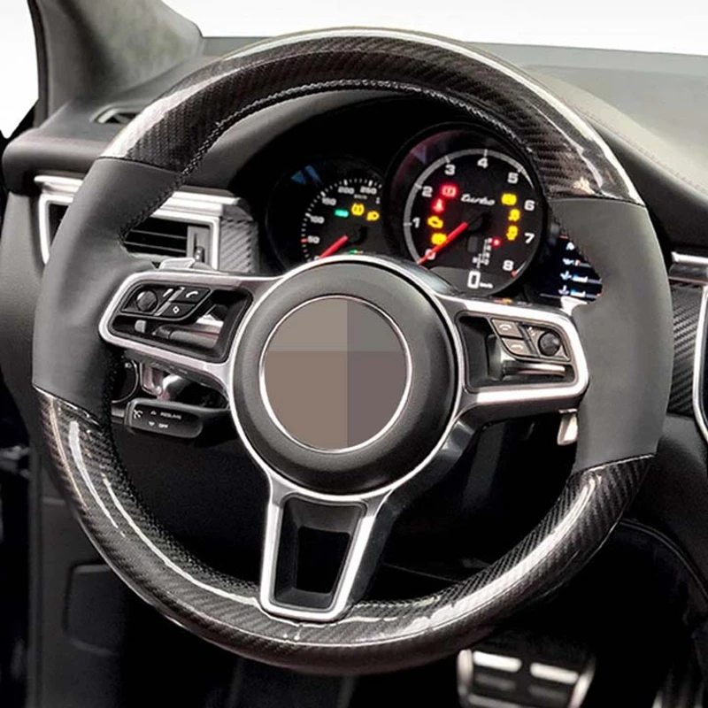 

Hand-Stitched Black Carbon Fiber Black Genuine Leather Suede Car Steering Wheel Covers For Porsche Macan Cayenne 2015-2016