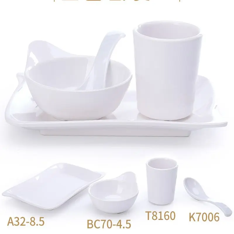 4pcs Set Dishes Sets Dinnerware Tray Bowl Cup Spoon Hotel Restaurant Melamine Tableware Solid White Dishes and Plates Sets