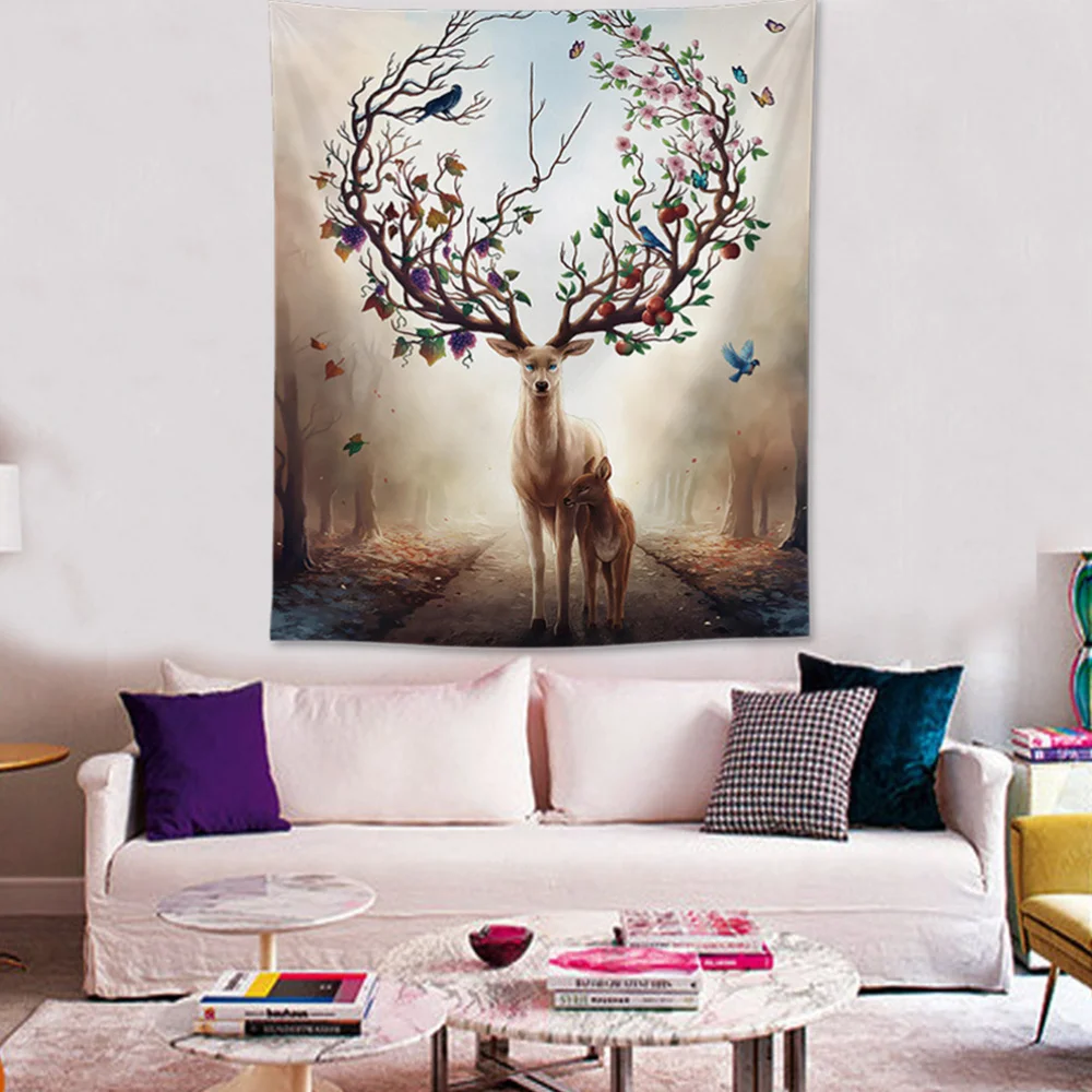 

1PC Nordic Style Deer Printing Wall Hanging Tapestry Background Hanging Carpet Creative Wall Ornament for Bedroom Living Room 14