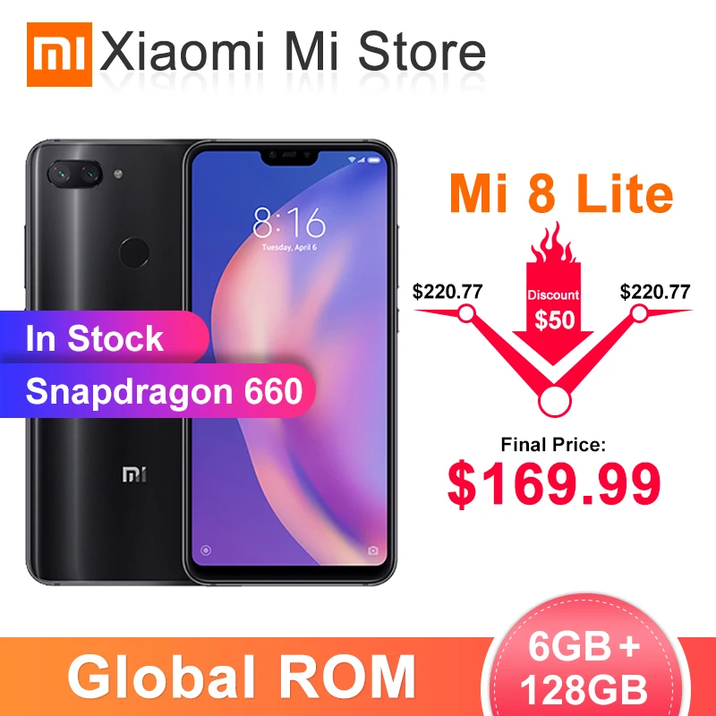 Глобальная ПЗУ, Xiaomi Mi, 8 Lite, 6 ГБ ОЗУ, 128 Гб ПЗУ, мобильный телефон Snapdragon 660, 6,26 дюйма, FHD+ 19:9, полный экран, 24 МП, фронтальная камера