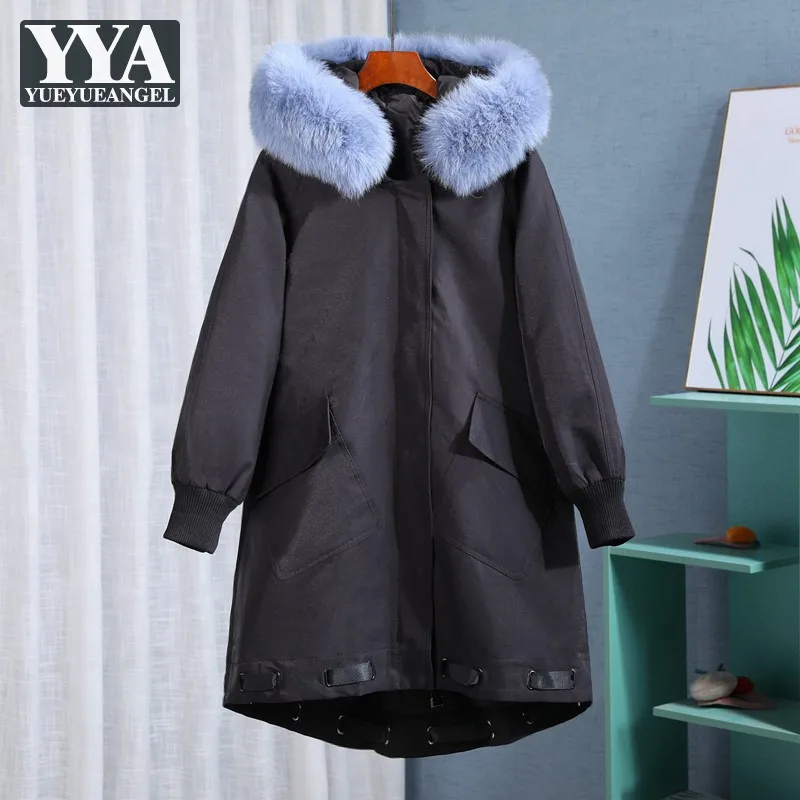 

Winter Thick Warm Fox Fur Collar Hooded Long Jacket Womens Casual Cargo Parkas Zipper Streetwear Fashion Female Overcoat