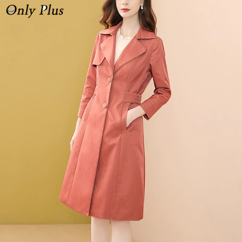 

Only Plus Women Long Trench Coat Orange Windproof Coat Single Breasted Trench Coats Lace Up Windbreaker Winter For Daily Wear