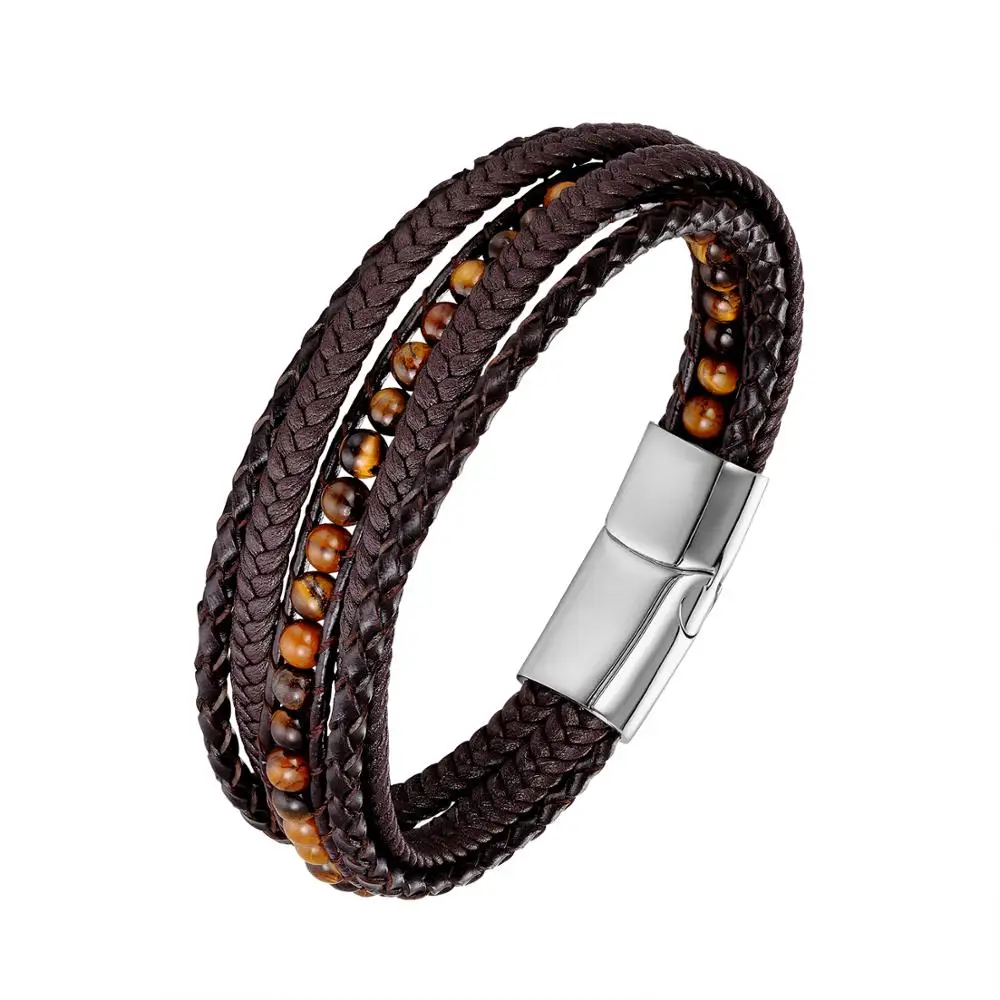 Tiger eye Модные Плетеные Многослойные браслеты из натуральной кожи, мужские браслеты с тигровым глазом, каменная веревка, браслет из нержавеющей стали, женские мужские ювелирные изделия - Окраска металла: Tiger eye