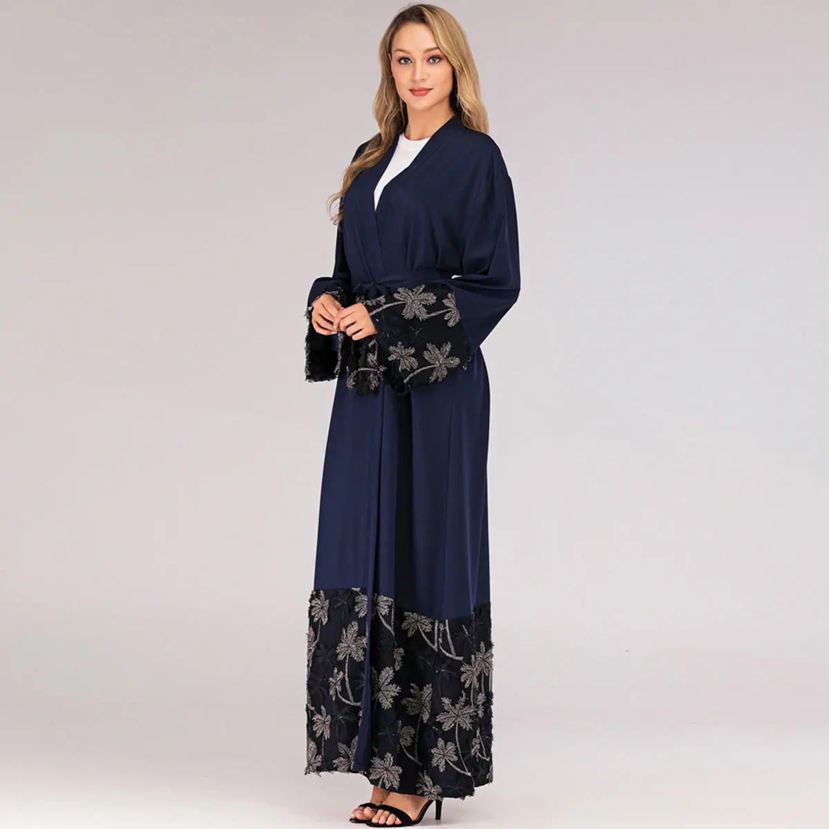 Women's Fashion Loose Muslim National Style Robe Mesh Stitching Embroidery Cardigan Blue | Тематическая одежда и