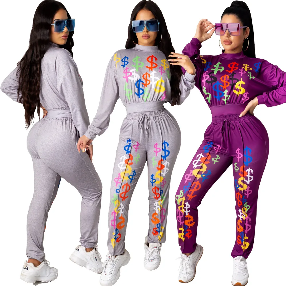 

Colorful Printed Fall Winter Tracksuit Casual 2 Pieces Outfits For Women Lounge Wear Set Pullover Top Baggy Pants