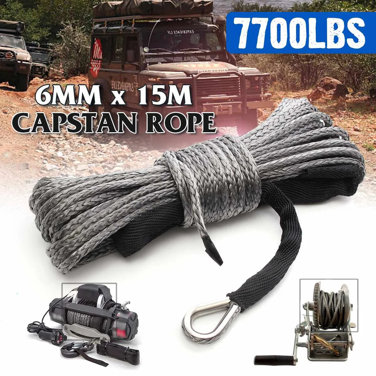 

15m 7700LBs Winch Rope String Line Cable with Sheath Gray Synthetic Towing Rope Car Wash Maintenance String for ATV UTV Off-Road