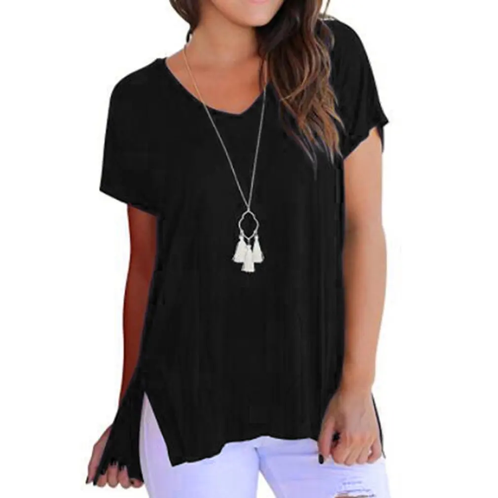 Women Loose Comfortable Hem Split Front Short Back Long Solid Color V-neck T-shirt Sleeves Summer | Женская одежда