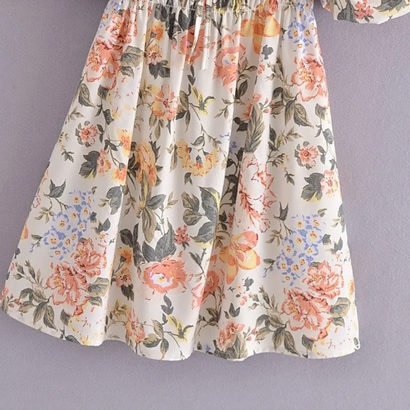 

Summer Dress Women Vintage Bohemian Beach Puff Short Sleeve A-Line Floral Print Elastic Waist Square Collar Lace-Up Female Skirt