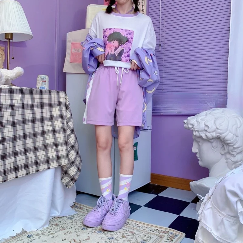 Шорты женские в стиле пэчворк с завышенной талией милыми фиолетовыми сердечками