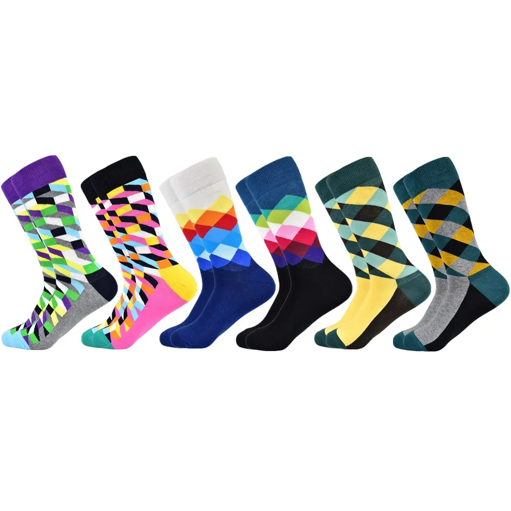 6 pairs socks-9 Популярные мужские носки из чесаного хлопка подарки для мужчин клетчатые геометрические повседневные мужские носки Цветные счастливые мужские носки - Цвет: 6 pairs socks-9