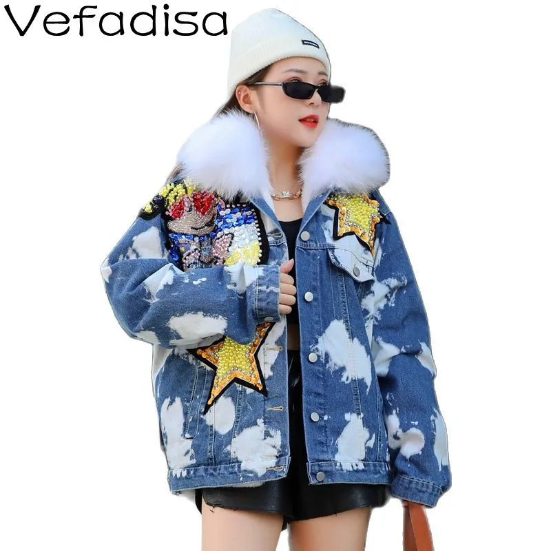 

Vefadisa 2021 Autumn And Winter Plus Velvet Thick Fur Collar Denim Cotton Jacket Loose Heavy Denim Jacket TT516