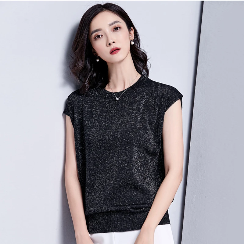 Las nuevas mujeres camisetas sin mangas de punto Mujer Slim Fit camisetas mujeres, Color brillante Bling cuello redondo de moda elegante Tops estilo nórdico