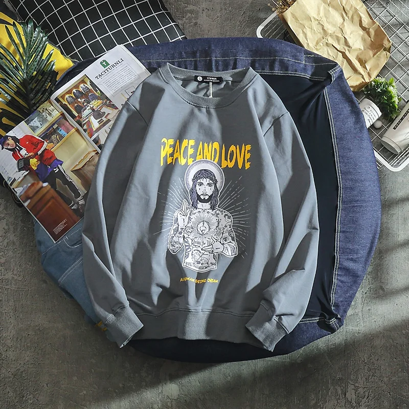 

Men's Hip Hop Printed Loose Sweatshirt 2020 Autumn New Streetwear O-Neck Long Sleeve Zipper Sweatshirts