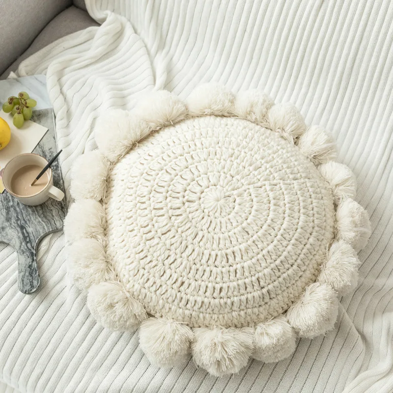 

Round Throw Pillow Tassel Pompoms Knitted Round Cushion Beige Home Decor Sofa Pillow Yoga Mat Hand Rests Kids Room Decoration