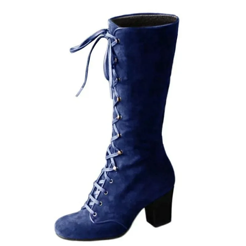 

Women Platform Blue Boots Ladies Lace Up Square High Heel Mid Calf Boots Female Flock Ride Long Boots Plus Size35-43 Shoes