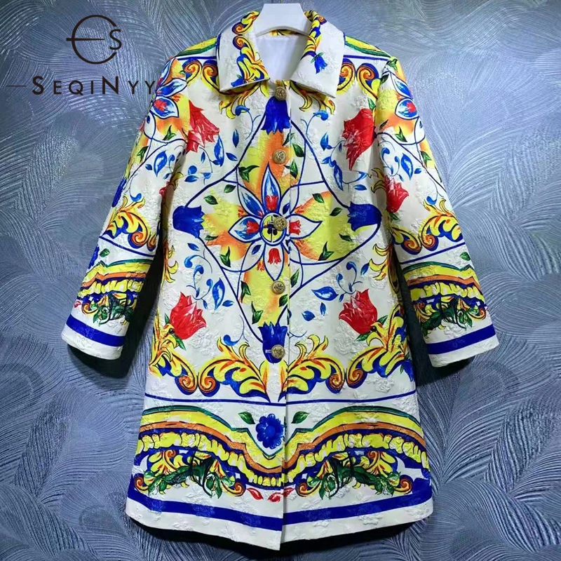 

SEQINYY Sicily Style Trench Coat Spring Autumn New Fashion Design Women Runway High Street Jacquard Vintage Flowers Print