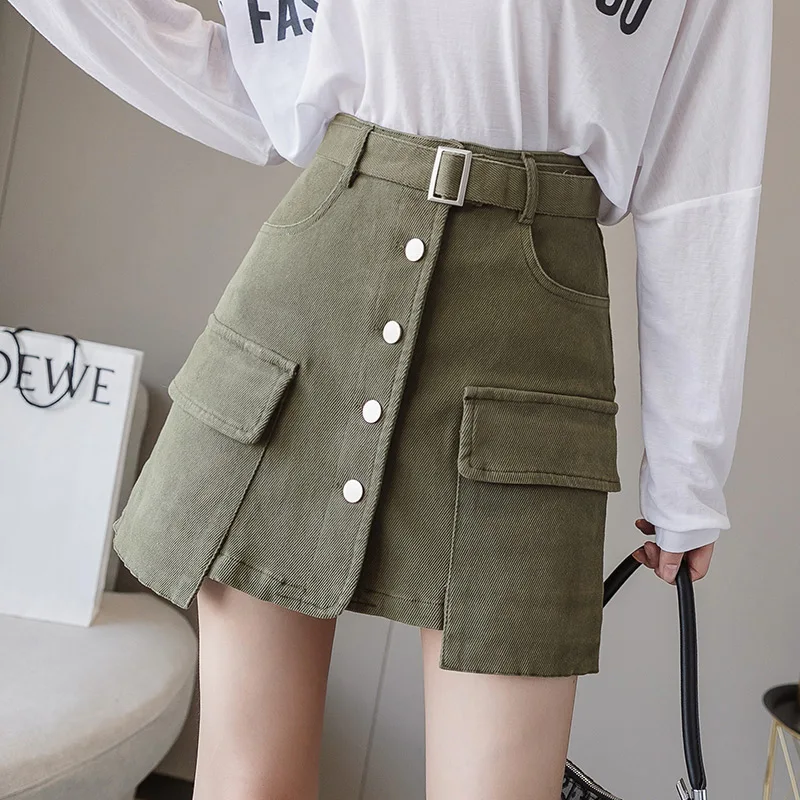Army Green Trytree/Осенняя женская повседневная короткая юбка в стиле ампир, 4 цвета, а-силуэт, Модные Карманы, ремень на пуговицах, мини-офисная Элегантная короткая юбка - Цвет: Army Green