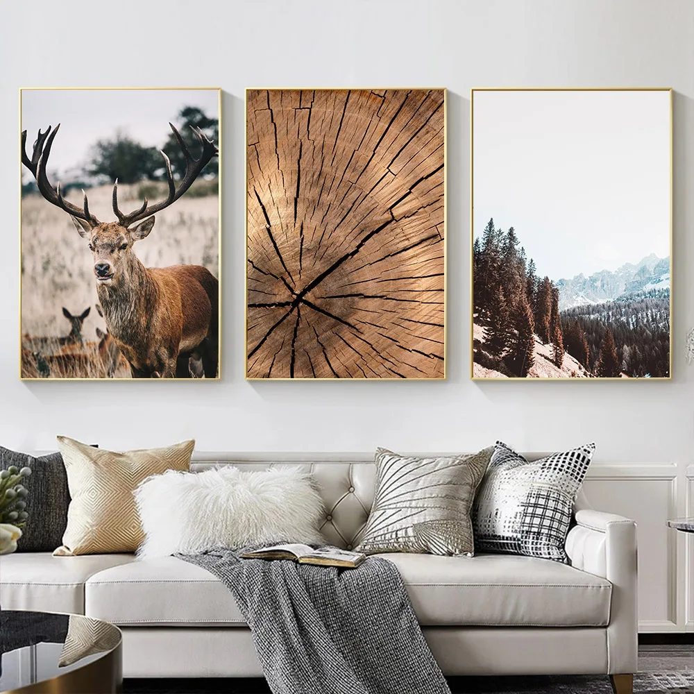 

Forest Mountain Landscape Animal Deer Wall Art Canvas Painting Nature Wood Growth Ring Poster Scandinavian Picture Home Decor