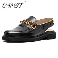 casual metal chain black leather mules for women round toe slip on flat womens loafers comfy british flats women shoes 2021