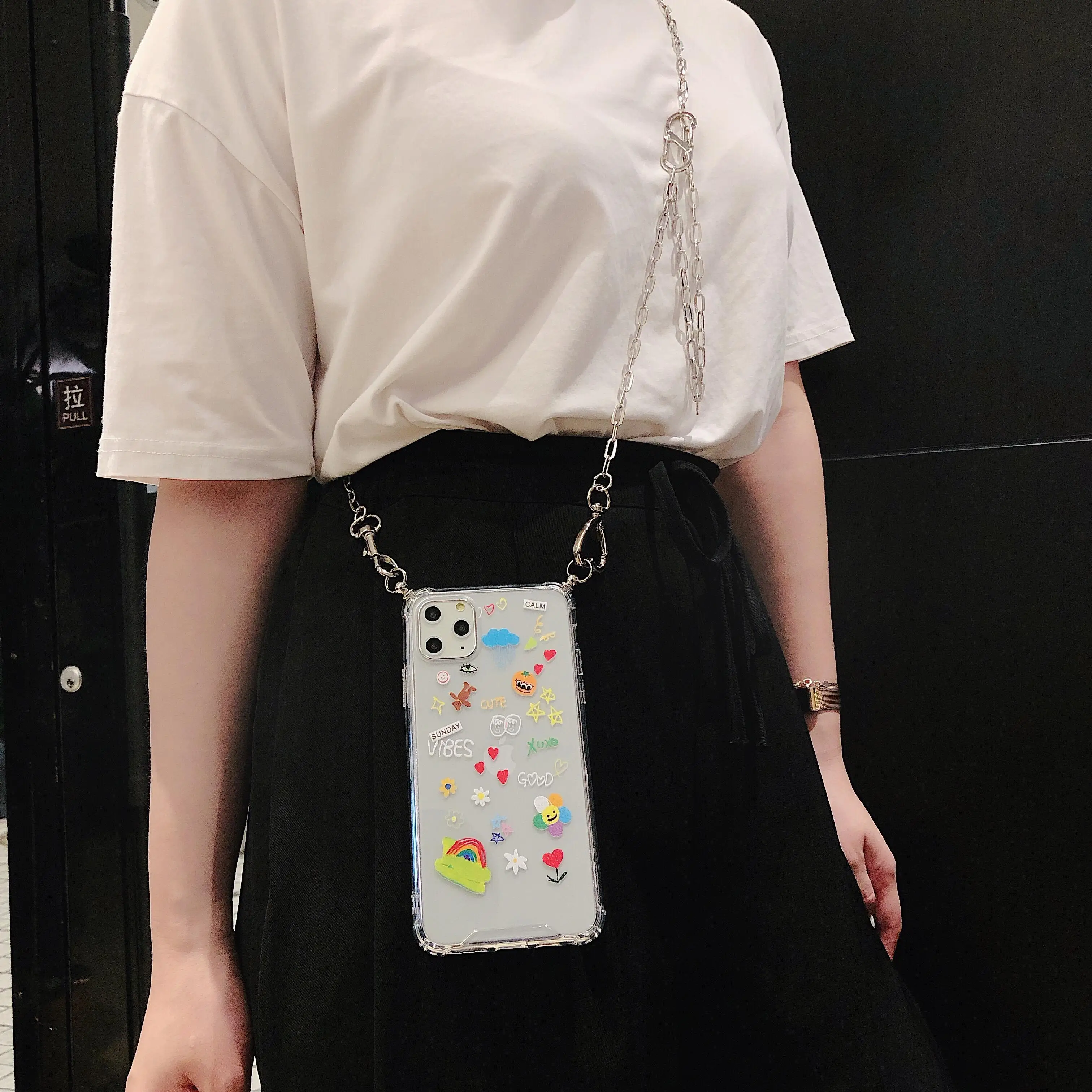 

Korea ins love chain simple cartoon mobile phone case iphone11 pro/XS/XR/7 diagonal bag transparent airbag anti-fall soft shell