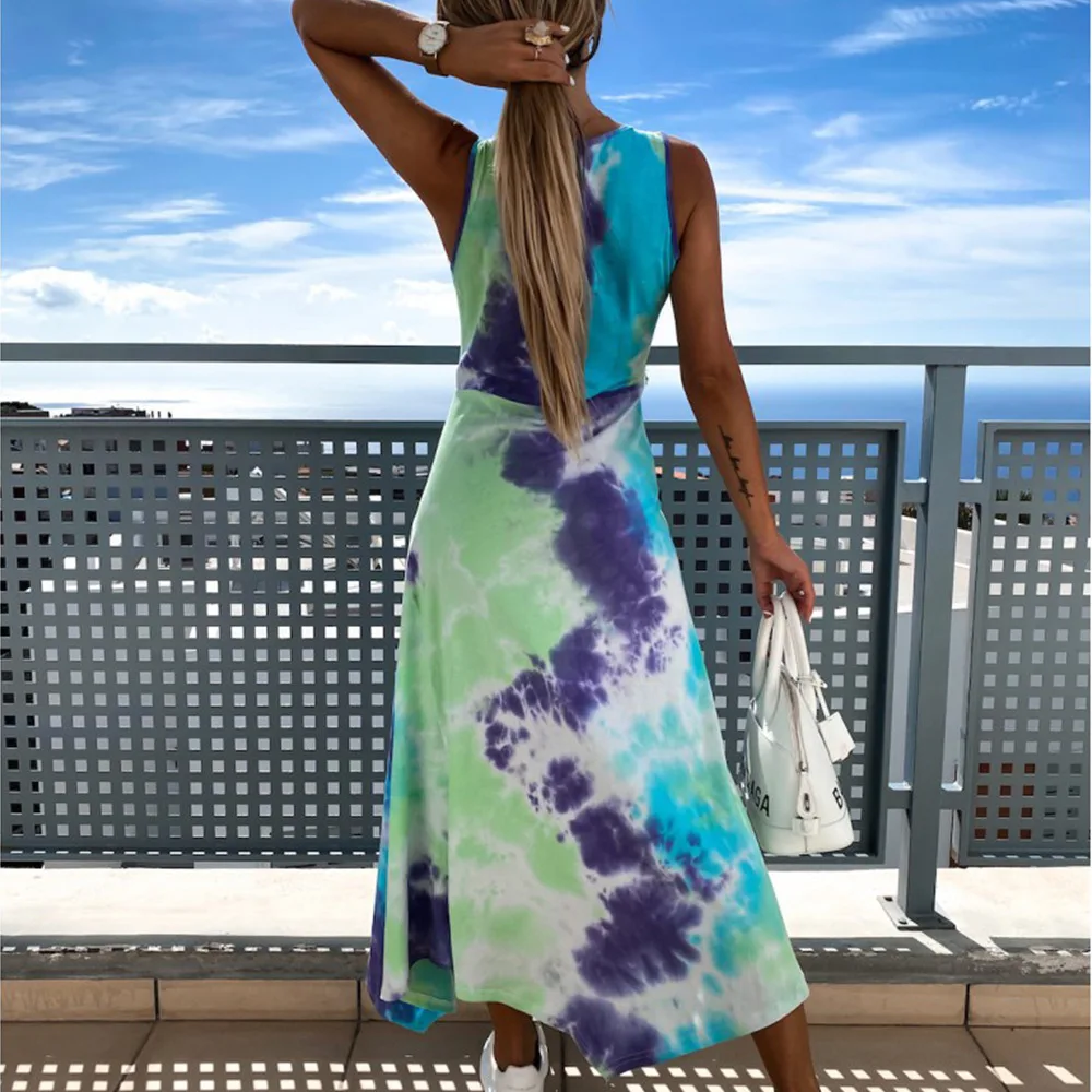 

2020 Summer Tie Dye Print Split Long Beach Dress Women Casual V Neck Sleeveless Elegant Midi Party Dress Robe Vacation Dresses