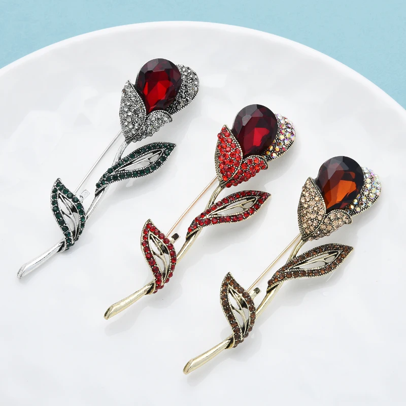 

Wuli&baby Czech Rhinestone Tulip Flower Brooches For Women Lady 3-color Valentine's Day Jewelry Gifts