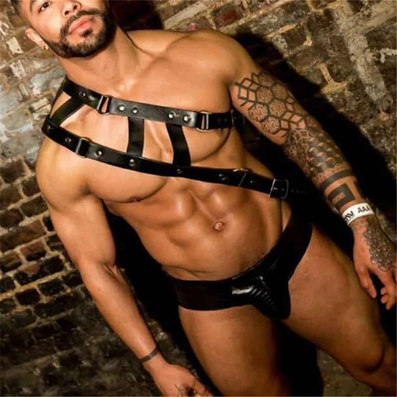 

Фетиш мужской нагрудный кожаный ремень Регулируемый БДСМ бондаж ремень Эротический панк рейва костюмы для взрослых геев секс