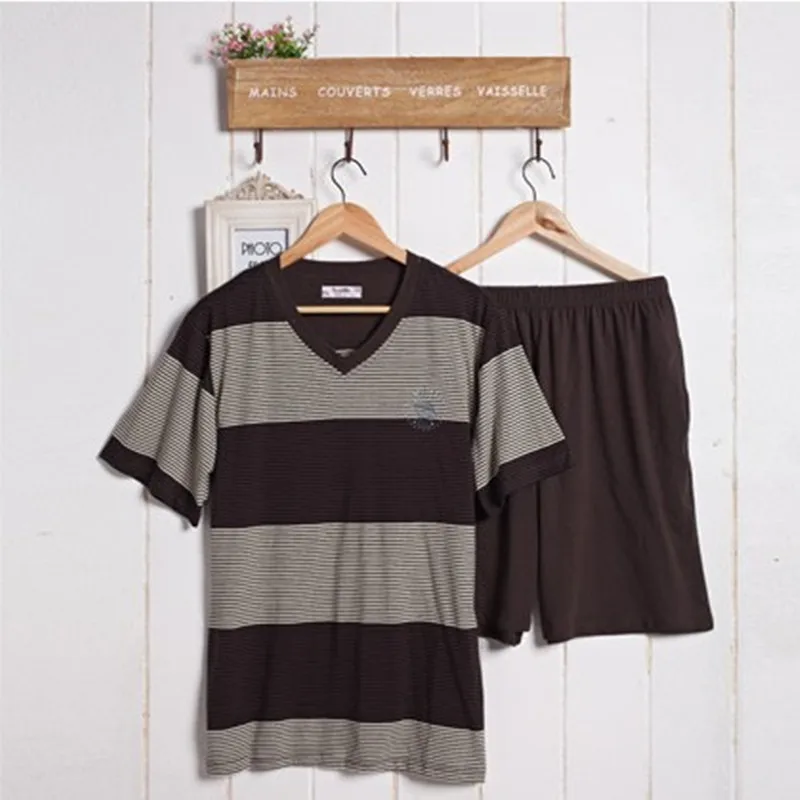 

New Pajamas For Men Summer 100% Cotton Striped Pajama Set Men Sleep Pullover Pyjamas Plus size 4XL