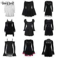 insdoit gothic lolita black autumn corset dress women harajuku lace vintage lace up dress aesthetic punk sexy party a line dress
