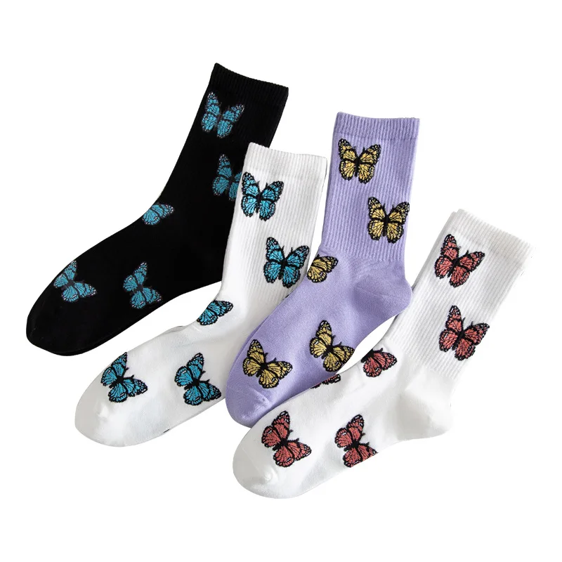 Summer Fall Women's Cute Butterfly Cotton Long Socks Girl Japanese Fashion Casual Sock Kawaii White Purple Designer Socks 3/4PCS