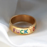 ins new arrival non tarnished women stylish 18k gold plated stainless steel colorful enamel engrave letter women ring gift
